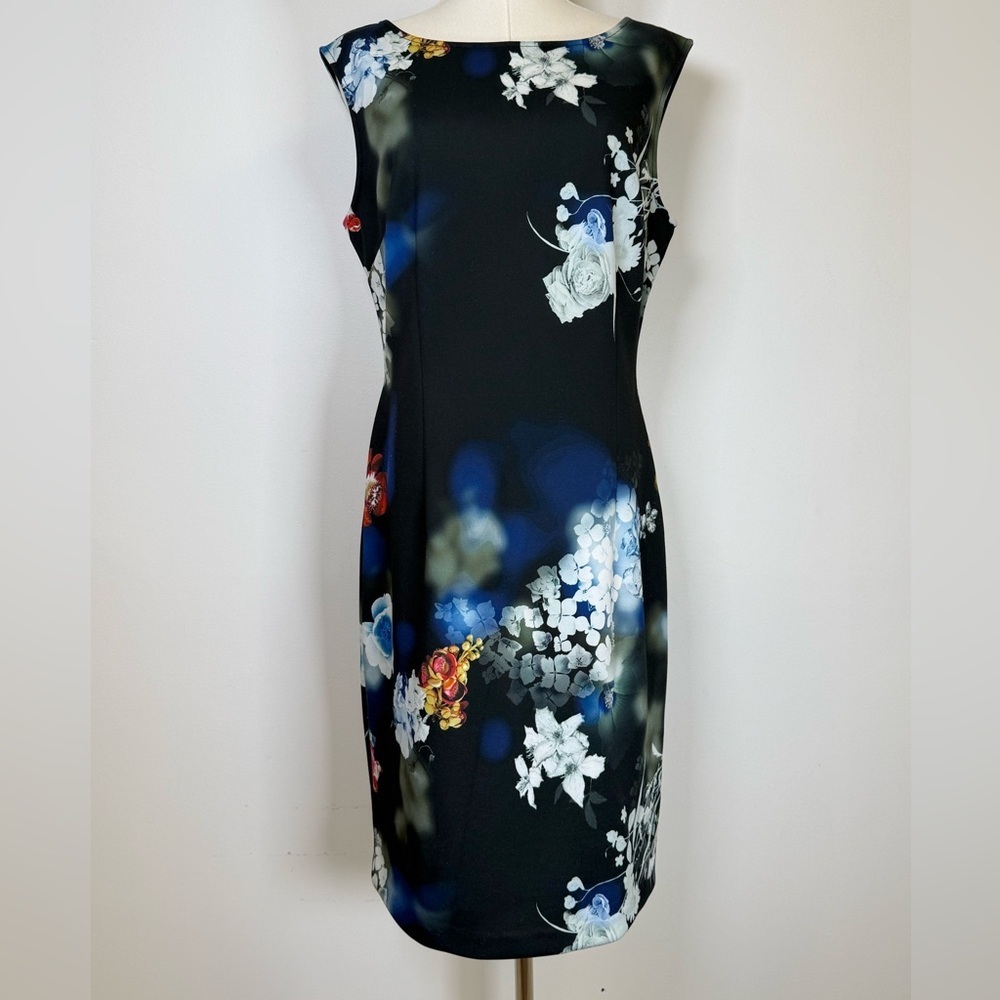 Adrianna Papell Black Floral Sleeveless Sheath Dress Boat Neck Women’s Size 12